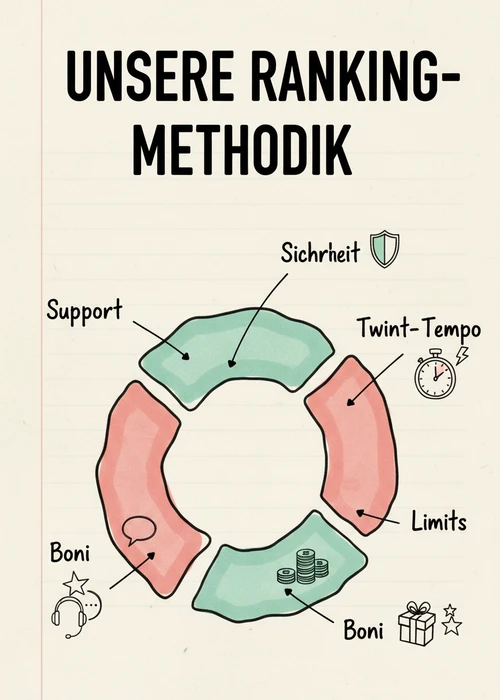 Ranking-Methodik der Top 10 Twint-Casinos: Sicherheit, Twint-Tempo, Limits, Boni und Support.