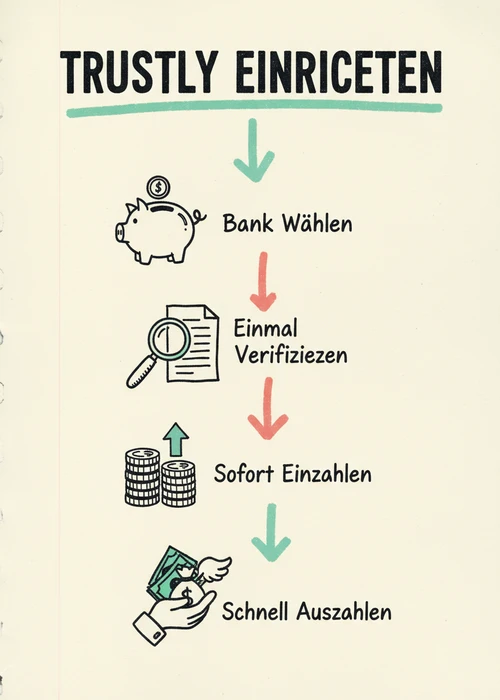 Trustly als Twint-Alternative einrichten: Bank wählen, einmal verifizieren, sofort einzahlen und schnell auszahlen.