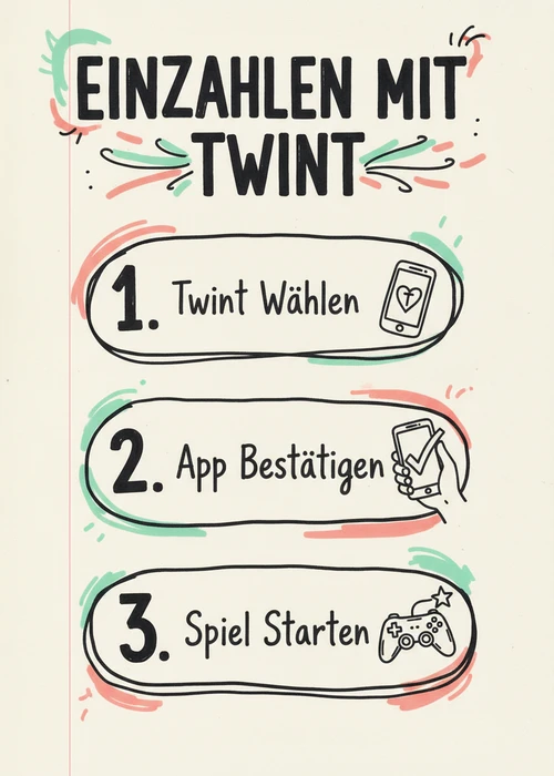 Einzahlen mit Twint in drei Schritten: Twint wählen, App bestätigen und Spiel starten im Online-Casino.