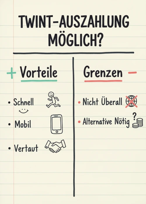 Ist eine Twint-Auszahlung im Casino möglich: Vorteile wie schnell, mobil und vertraut gegen Grenzen wie nicht überall und Alternative nötig.