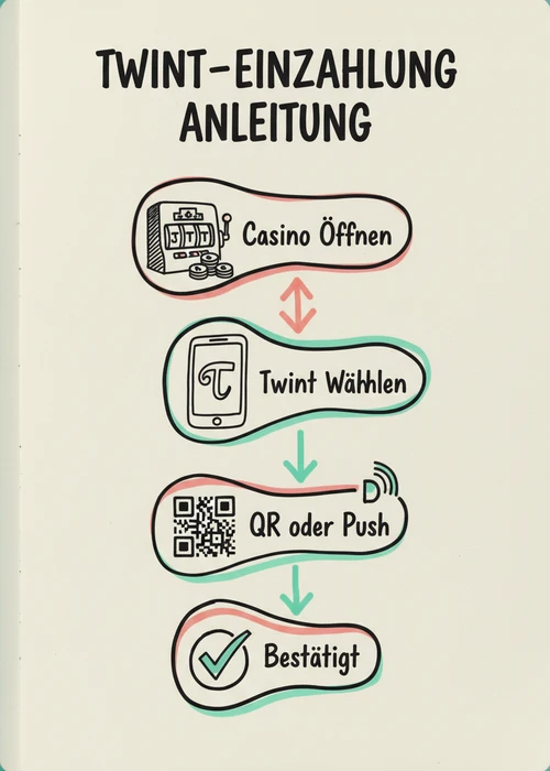 Twint-Einzahlung Anleitung im Casino: Casino öffnen, Twint wählen, QR oder Push nutzen und Bestätigung erhalten.