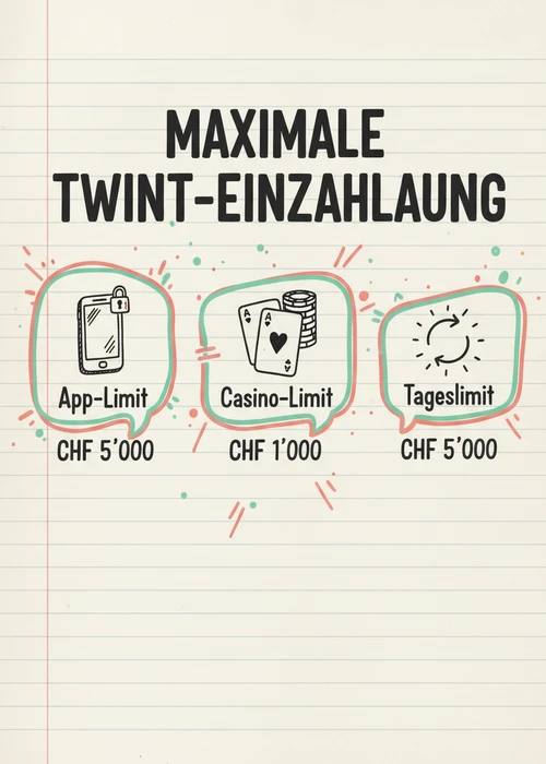 Maximale Twint-Einzahlung im Casino: App-Limit, Casino-Limit und Tageslimit im direkten Überblick.