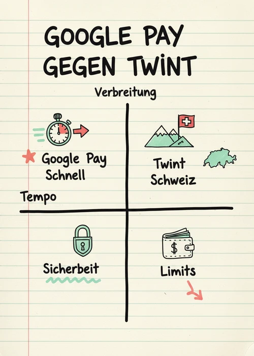 Google Pay gegen Twint im Casino nach Tempo und Verbreitung: Google Pay schnell, Twint Schweiz, Sicherheit und Limits.